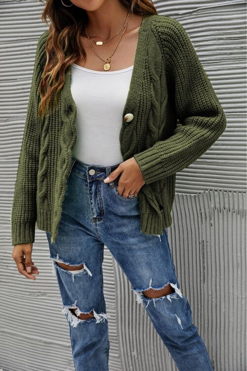 Chunky Cable Knit Cardigan-Dark Green