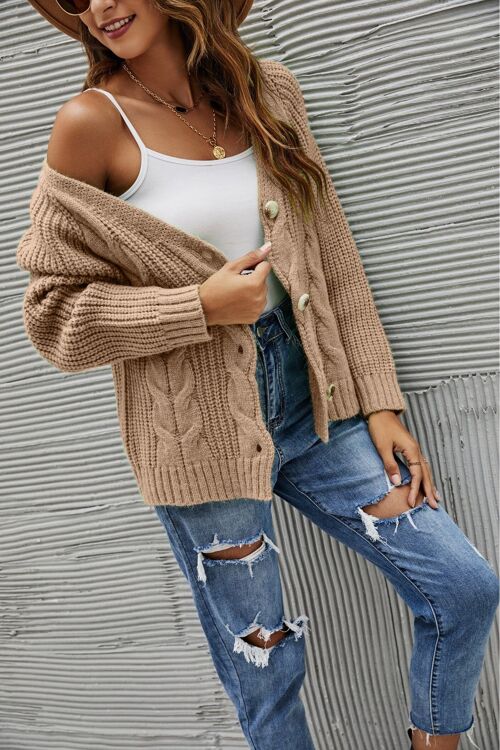 Chunky Cable Knit Cardigan-Beige