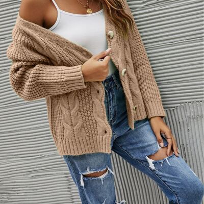 Chunky Cable Knit Cardigan-Beige
