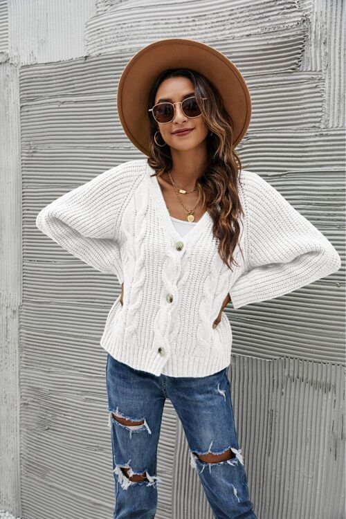 Chunky Cable Knit Cardigan-White