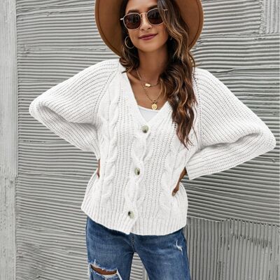 Chunky Cable Knit Cardigan-White