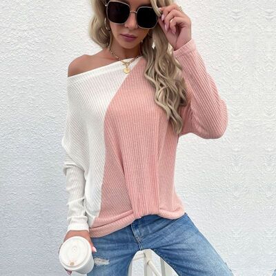 Two Tone Ribbed Knit Sweater-Pink