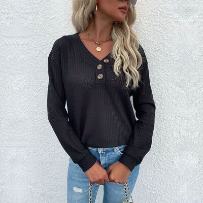 Contrast Half Button Front Sweater-Black
