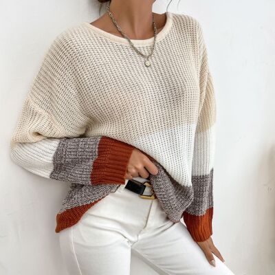 Gestreifter Farbblock-Strickpullover-Beige