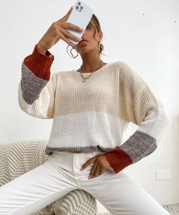 Pull en tricot rayé à blocs de couleurs-Beige 5