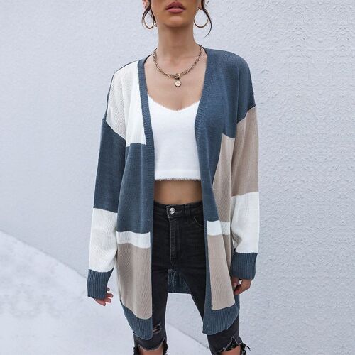 Striped Open Front Fall Cardigan-Gray