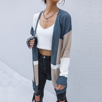 Cardigan d'automne ouvert à rayures-Gris 3