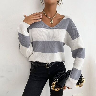 Ribbed Knit Striped Sweater-White