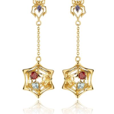 Anansi Gold Earrings With Iolite, Blue Topaz, Citrine and Garnet