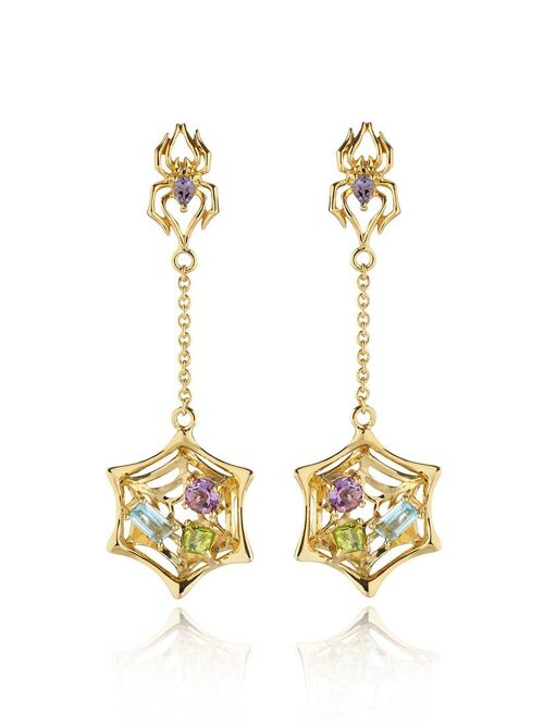 Anansi Gold Earrings With Iolite, Blue Topaz, Amethyst and Peridot