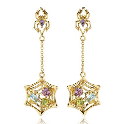 Anansi Gold Earrings With Iolite, Blue Topaz, Amethyst and Peridot