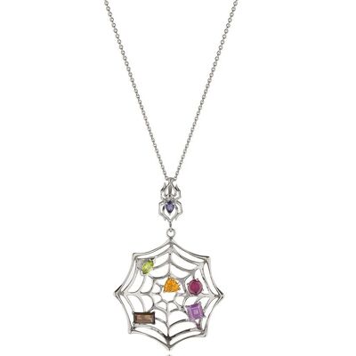 Pendentif Anansi en rhodium avec iolite, rhodolite, quartz fumé, péridot, améthyste et citrine