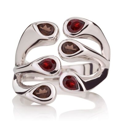 Embrace Silver Ring With Garnet and Smoky Quartz