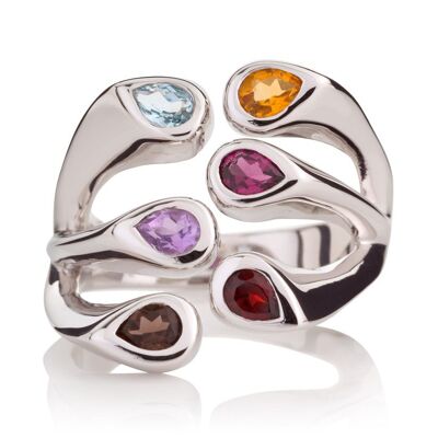 Anello Embrace in argento con granato, topazio azzurro, quarzo fumè, rodolite, ametista e citrino