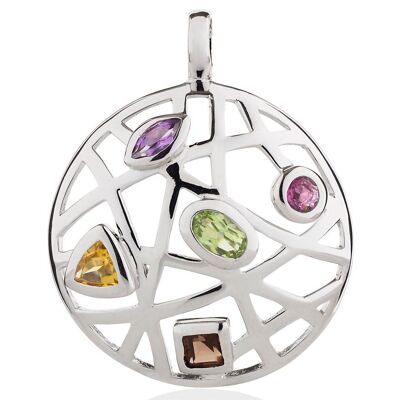 Maora Flat Silver Pendant With Rhodolite Peridot Smoky Quartz Citrine And Amethyst - Omega18RD