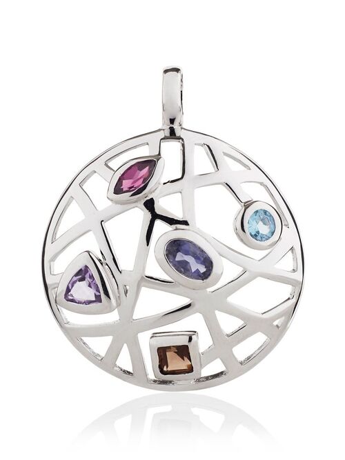 Maora Flat Silver Pendant With Blue Topaz Iolite Rhodolite Amethyst And Smoky Quartz - Without Chain