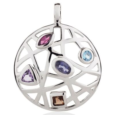 Maora Flat Silver Pendant With Blue Topaz Iolite Rhodolite Amethyst And Smoky Quartz - Without Chain