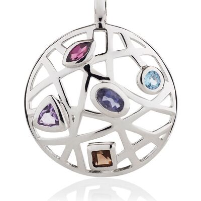 Maora Flat Silver Pendant With Blue Topaz Iolite Rhodolite Amethyst And Smoky Quartz - Without Chain