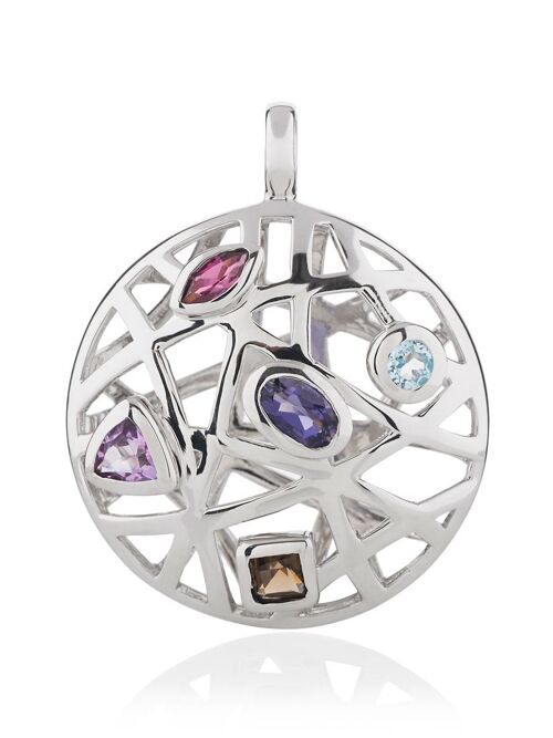 Maora Silver Pendant With Blue Topaz Iolite Rhodolite Amethyst And Smoky Quartz - Without Chain