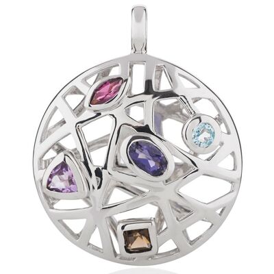 Maora Silver Pendant With Blue Topaz Iolite Rhodolite Amethyst And Smoky Quartz - Without Chain