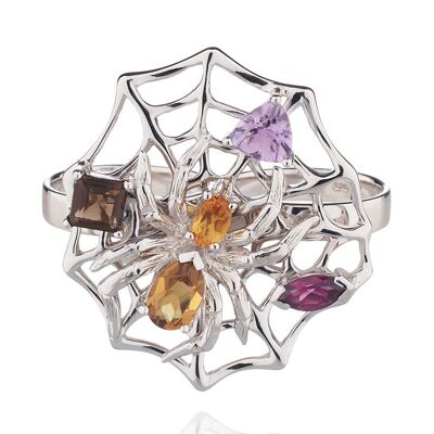 Maxiring Anansi aus Silber mit Cognac, Citrin, Amethyst, Rauchquarz und Rhodolith