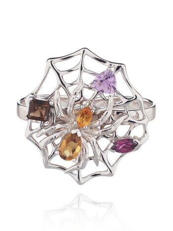 Bague Anansi en argent avec cognac, citrine, améthyste, quartz fumé et rhodolite 1