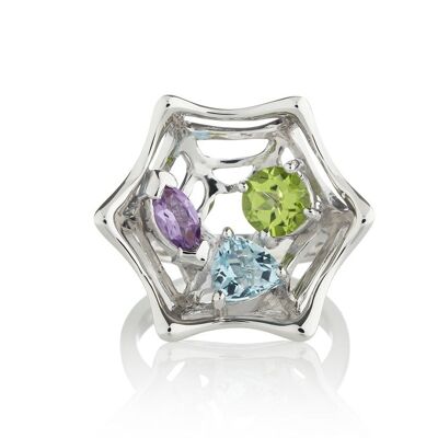Anansi Silver Ring With Amethyst, Peridot and Blue Topaz