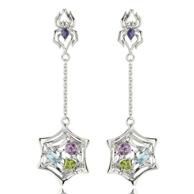 Anansi Rhodium Earrings With Iolite, Blue Topaz, Amethyst and Peridot