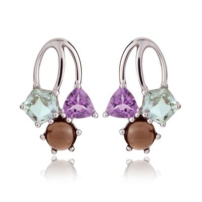 Kintana Silver Earrings With Green Amethyst, Amethyst and Smoky Quartz