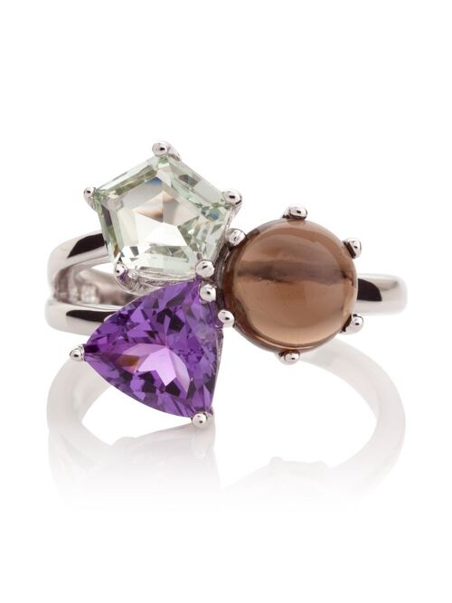 Kintana Silver Ring With Green Amethyst, Amethyst and Smoky Quartz