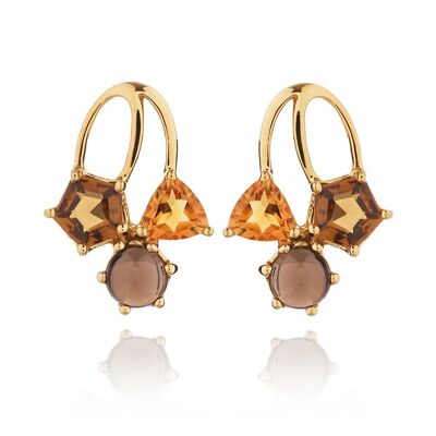 Boucles d'oreilles en or Kintana avec citrine, quartz cognac et quartz fumé