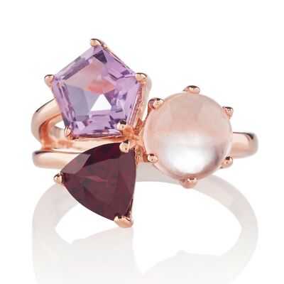 Bague Kintana en or rose avec améthyste, rhodolite et quartz rose