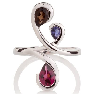 Anello Tana In Argento Con Quarzo Fumé, Iolite e Rodolite