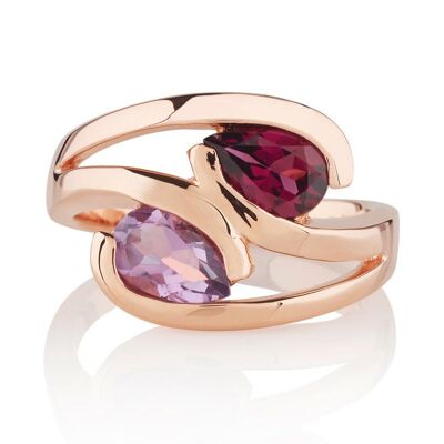 Anello Love Birds in oro rosa con ametista e rodolite