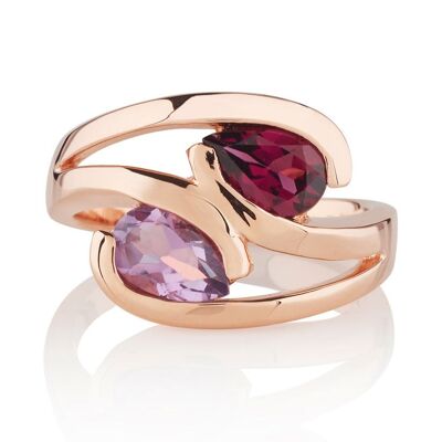 Love Birds Rose Gold Ring with Amethyst and Rhodolite