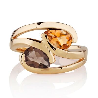 Love Birds Gold Ring with Citrine and Smoky Quartz