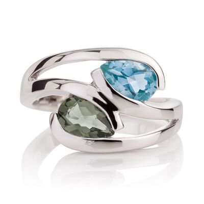 Love Birds Silver Ring Green Amethyst and Blue Topaz