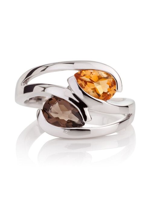 Love Birds Silver Ring with Citrine and Smoky Quartz