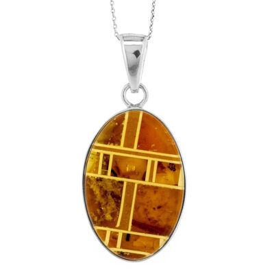 Grande ciondolo ovale in ambra a mosaico con catena da 45,7 cm e scatola di presentazione
