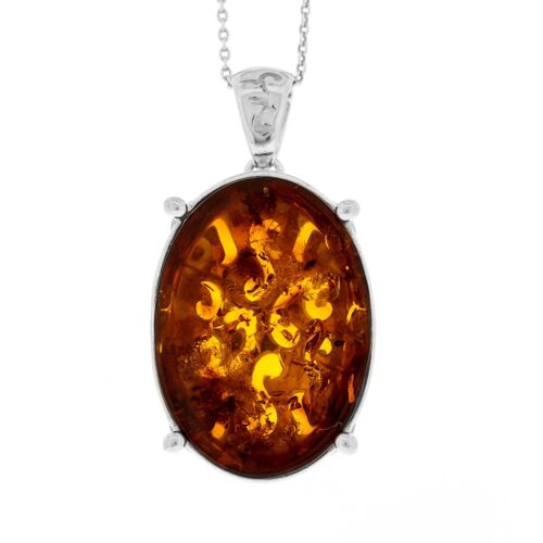 Cognac Amber Large Oval Pendant with 18" Trace Chain and Presentation Box