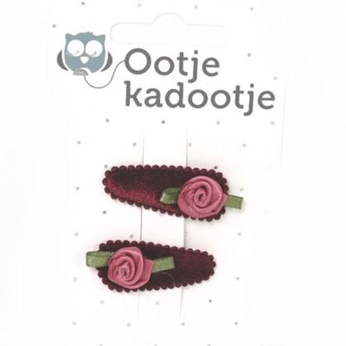 Babyhaarclipje fluweel bordeaux met oudroze roos