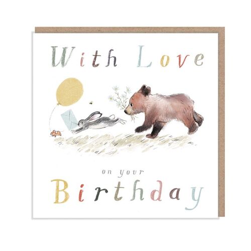 With love on your Birthday, Quality Greeting Card, 'the Bear, the Hare, and the Mouse' , heart warming Illustrations, made in UK, BHME02