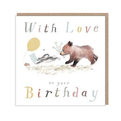 Con amor en tu cumpleaños, tarjeta de felicitación de calidad, 'el oso, la liebre y el ratón', ilustraciones conmovedoras, fabricadas en el Reino Unido, BHME02
