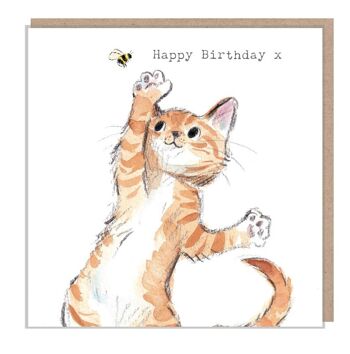 Carte d'anniversaire chat - Carte de voeux de qualité - Illustration charmante - Gamme 'Pawsitively Purrect' - Chat avec abeille - Fabriqué au Royaume-Uni - EPP04 1