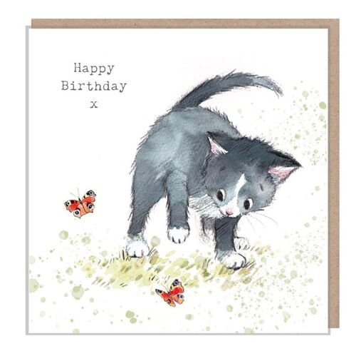 Cat Birthday Card - Quality Greeting Card - Charming illustration - 'Pawsitively Purrect' range - Black Cat with Butterfly- Made in UK-EPP05