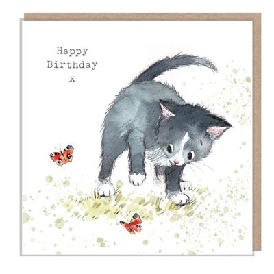 Tarjeta de cumpleaños de gato - Tarjeta de felicitación de calidad - Ilustración encantadora - Gama 'Pawsitively Purrect' - Gato negro con mariposa - Hecho en UK-EPP05