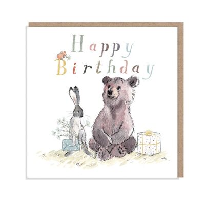 Happy Birthday, Quality Greeting Card, 'the Bear, the Hare, and the Mouse' , heart warming Illustrations, made in UK, no plastic, BHME011