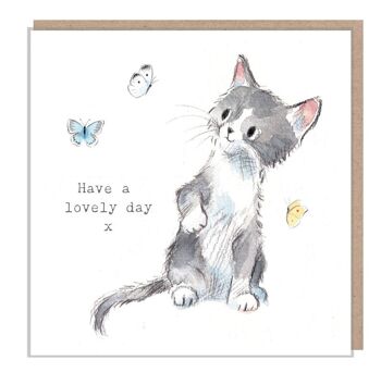 Carte d'anniversaire chat - Carte de voeux de qualité - Illustration charmante -Gamme 'Pawsitively Purrect'- Chat gris avec papillons - Fabriqué au Royaume-Uni-EPP08 1
