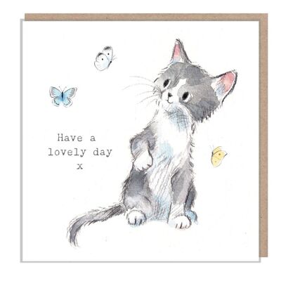 Cat Birthday Card - Quality Greeting Card - Charming illustration -'Pawsitively Purrect' range- Grey Cat with butterflies - Made in UK-EPP08