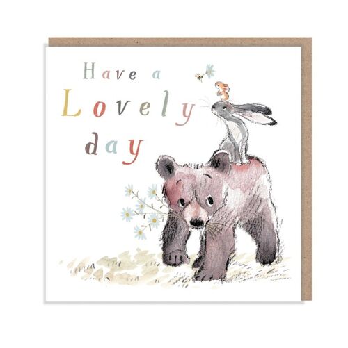 Have a lovely Day, Quality Greeting Card, 'the Bear, the Hare, and the Mouse' , heart warming Illustrations, made in UK, no plastic, BHME010